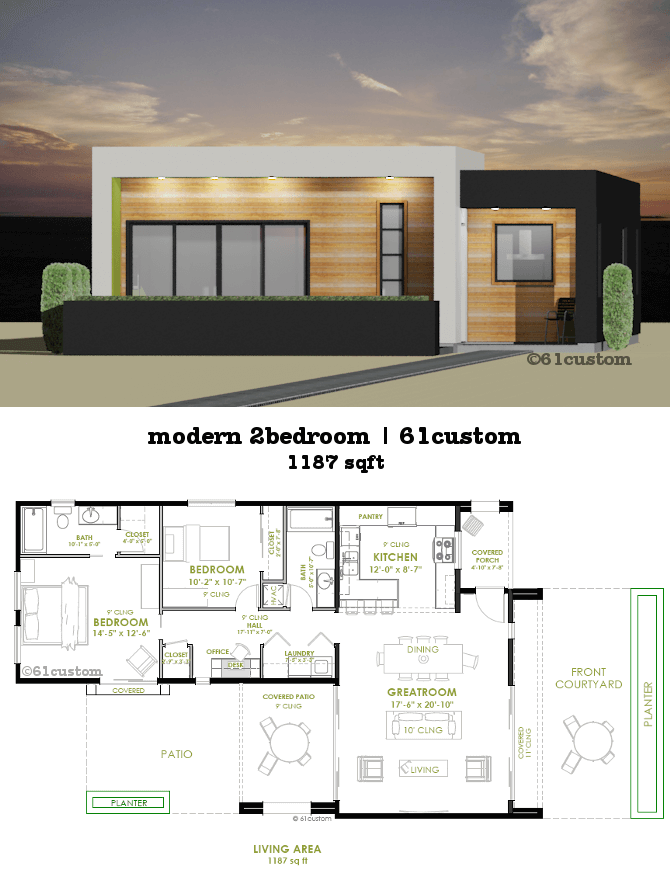 modern 2 bedroom house plan | 61custom | contemporary & modern house