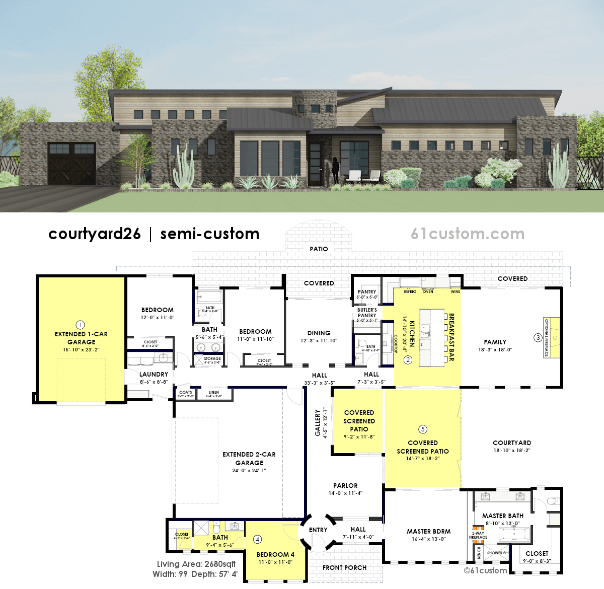 Contemporary Side Courtyard House Plan | 61custom | Contemporary