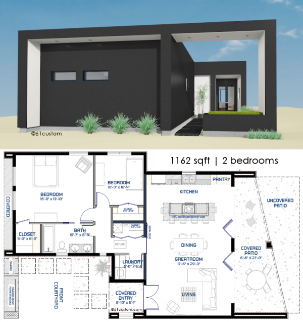 Small Front Courtyard House Plan | 61custom | Modern House Plans
