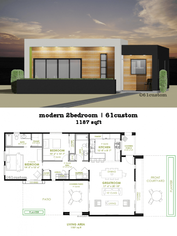 modern 2 bedroom house plan | 61custom