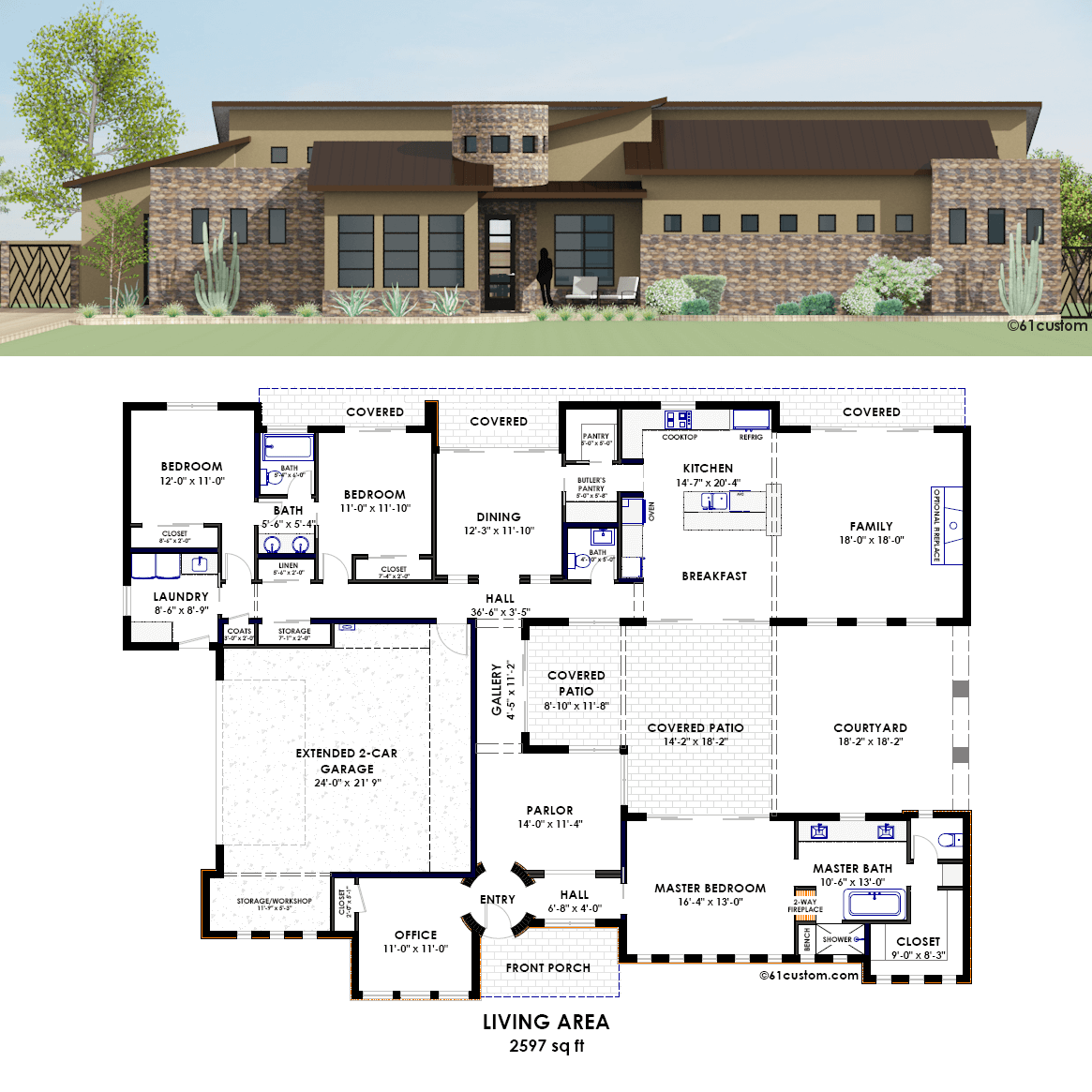 Contemporary Side Courtyard  House  Plan  61custom 