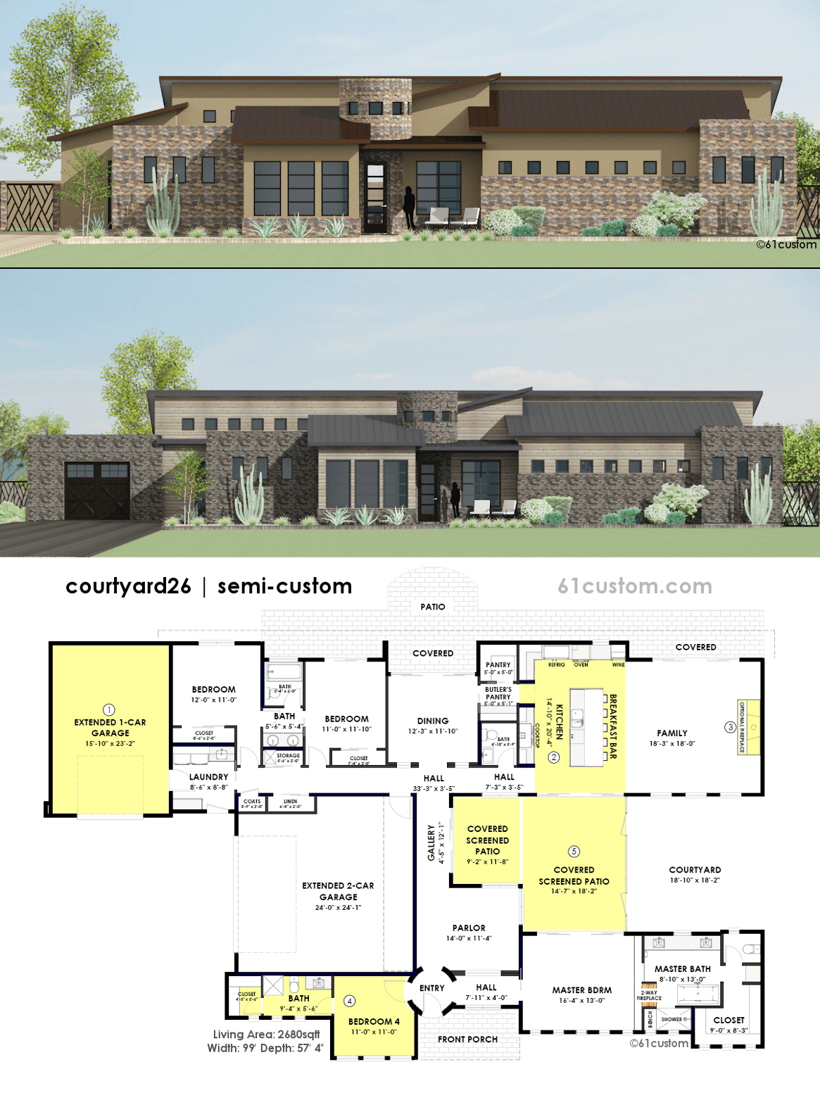 Contemporary Side Courtyard House Plan | 61custom | Contemporary